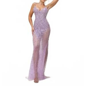 NEW TERANI COUTURE plunging neckline bodycon sleeveless tulle long prom dress in